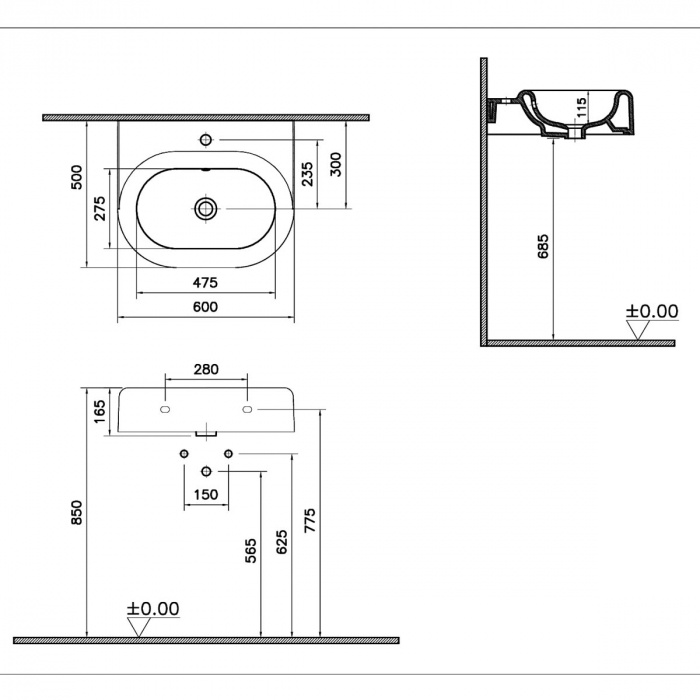 Lavoar / chiuveta baie fara orificiu baterie, cu orificiul preaplin 60cm | 7316B403-0012 [2]