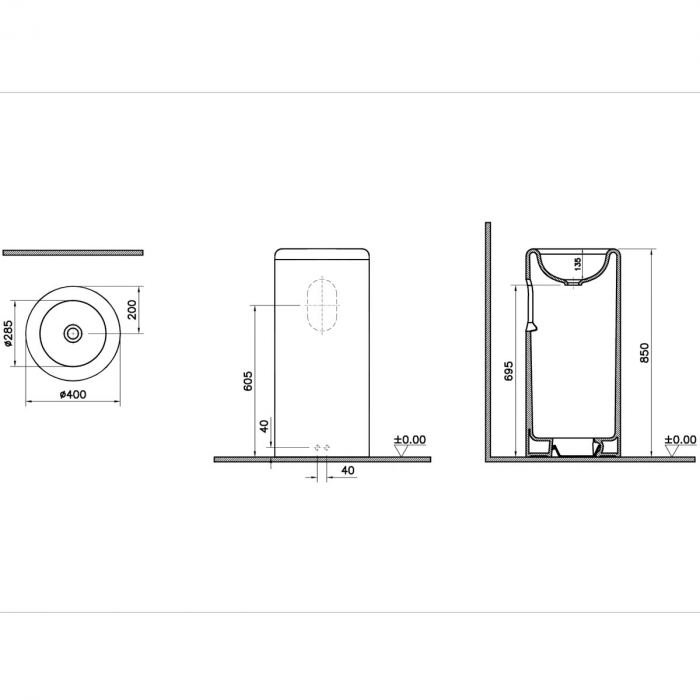 Lavoar / chiuveta baie monobloc, fara orificiu baterie, fara orificiul preaplin, 40cm | 7318B403-0016 [2]