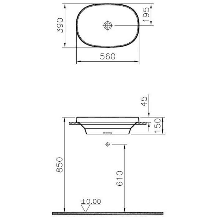 Lavoar / chiuveta baie ovala pe blat, 56cm, fara orificiu baterie, fara orificiul preaplin, alb mat | 5652B401-0016 [2]