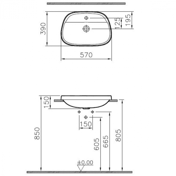 Lavoar / chiuveta baie ovala pe blat57cm, cu orificiu pentru baterie, fara orificiul preaplin, negru | 5696B470-0041 [2]