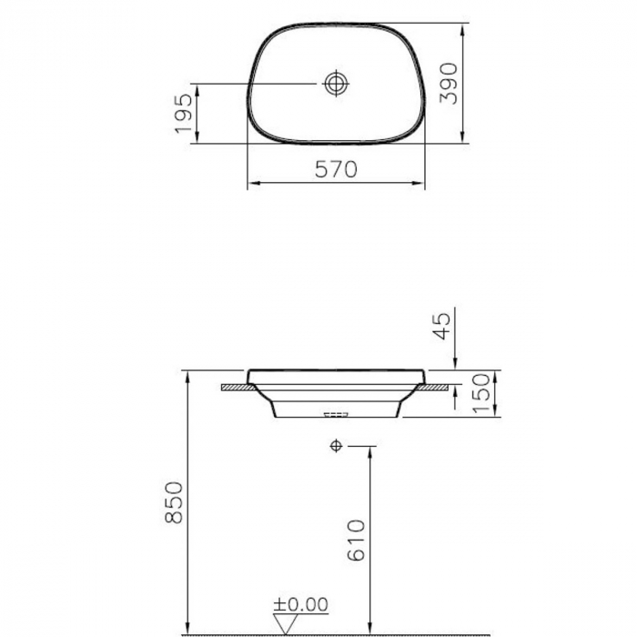 Lavoar / chiuveta baie ovala pe blat57cm, fara orificiu baterie, fara orificiul preaplin, alb mat | 5653B401-0016 [2]