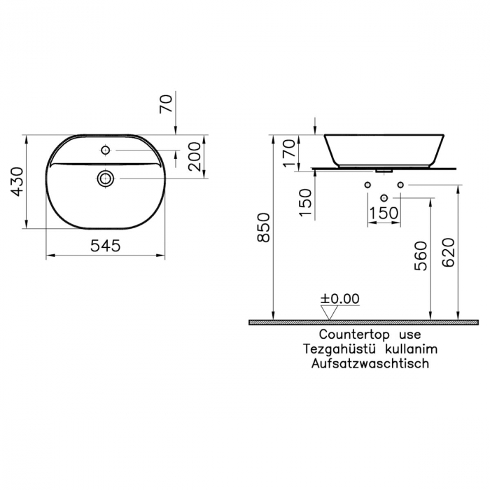 Lavoar / chiuveta baie ovala tip bol 55cm, cu orificiu pentru baterie, fara orificiul preaplin, alb mat | 7428B001-0041 [2]