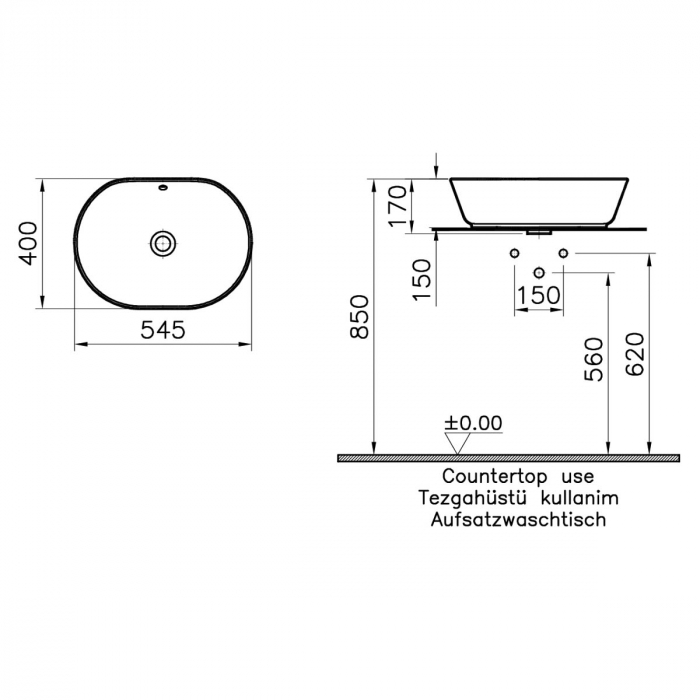 Lavoar / chiuveta baie ovala tip bol 55cm, fara orificiu baterie, cu orificiul preaplin, alb mat | 7427B001-0012 [2]