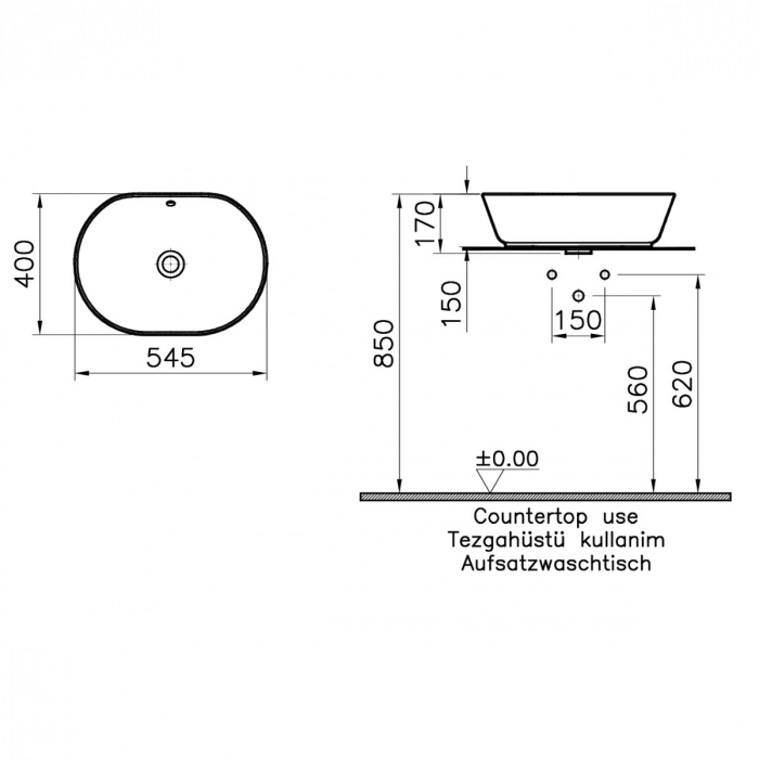 Lavoar / chiuveta baie ovala tip bol 55cm, fara orificiu baterie, cu orificiul preaplin, negru | 7427B070-0012 [2]