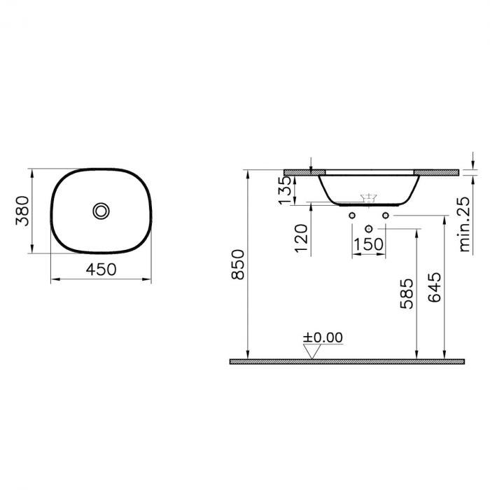 Lavoar / chiuveta baie patrata sub blat 45cm, fara orificiu baterie, fara orificiul preaplin, alb mat | 7810B401-1083 [2]