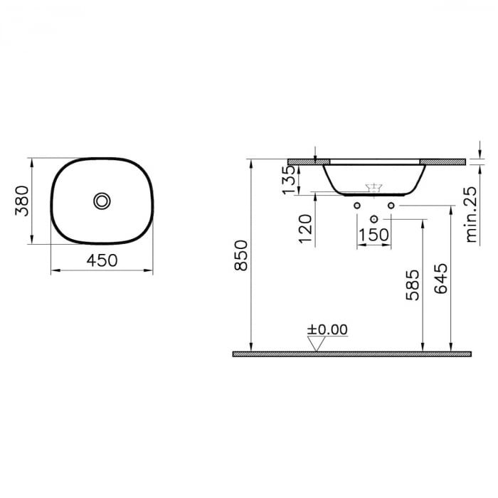 Lavoar / chiuveta baie patrata sub blat 45cm, fara orificiu baterie, fara orificiul preaplin, negru mat | 7810B483-1083 [2]
