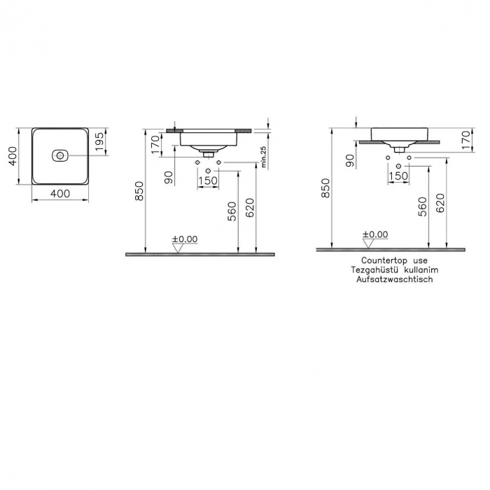 Lavoar / chiuveta baie patrata tip bol 40cm fara orificiu baterie, fara orificiul preaplin, pe blat | 7533B020-1398 [2]