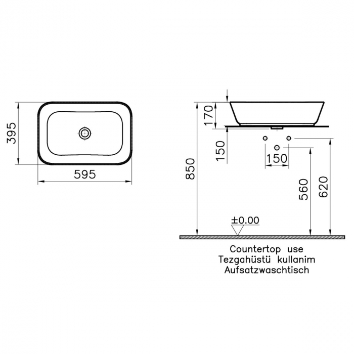 Lavoar / chiuveta baie patrata tip bol 60cm, fara orificiu baterie, fara orificiul preaplin, negru mat | 7425B083-0016 [2]