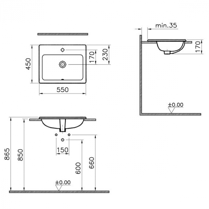 Lavoar de baie pe blat, rectangular, 45cm cu 55cm, alb cu orificiu pentru baterie și preaplin | 5465B003-0001 [2]