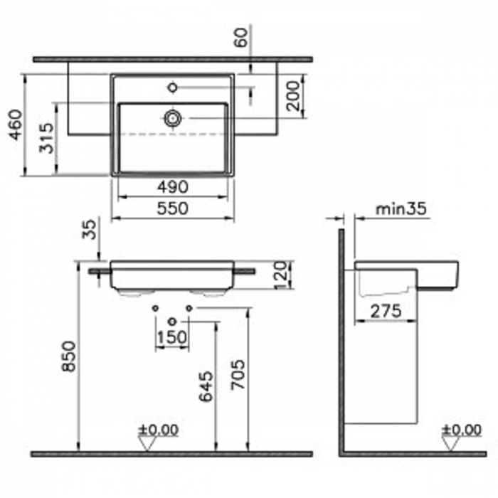 Lavoar / chiuveta baie semiincastrat cu orificiul pentru baterie si preaplin | 7412B077-0001 [2]