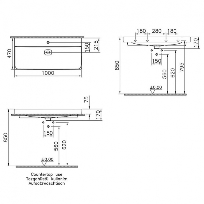 Lavoar / chiuveta baie standard 100cm cu orificiul pentru baterie si preaplin | 7529B020-0001 [2]