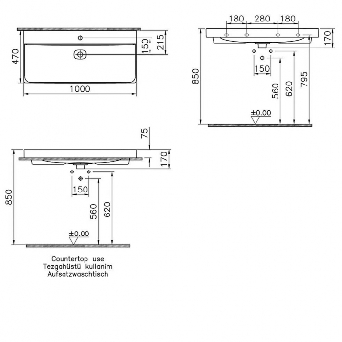 Lavoar / chiuveta baie standard 100cm cu orificiul pentru baterie si preaplin, pe blat | 7529B001-0973 [2]