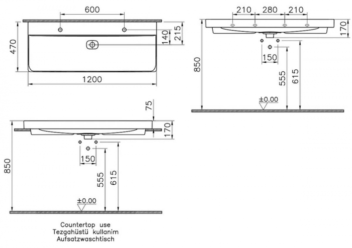 Lavoar / chiuveta baie standard 120 cm cu orificiu pentru baterie, fara orificiul preaplin | 7530B001-0041 [2]