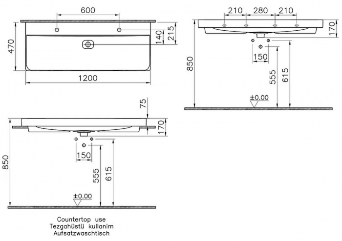 Lavoar / chiuveta baie standard 120 cm cu orificiu pentru baterie, fara orificiul preaplin | 7530B076-0041 [2]