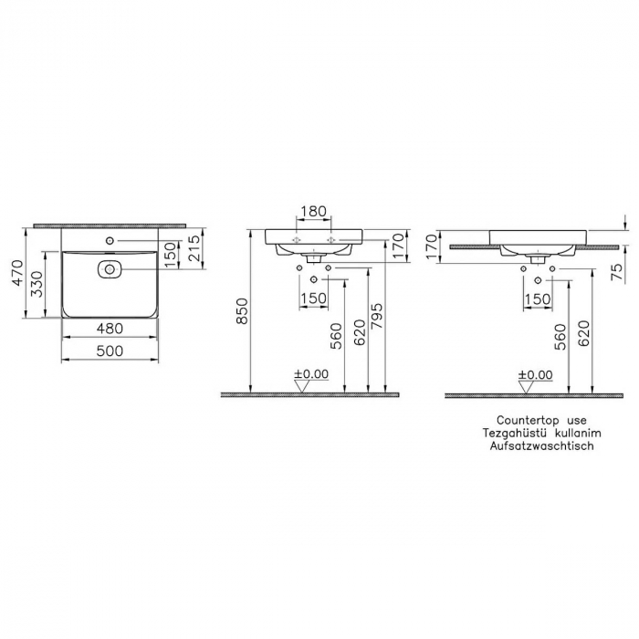Lavoar / chiuveta baie standard, 50cm cu orificiul pentru baterie si preaplin | 7525B020-0001 [2]