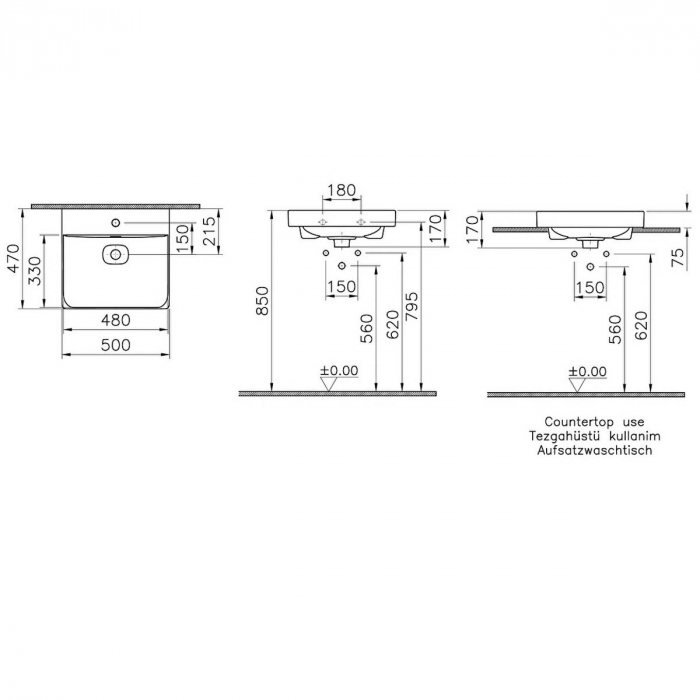 Lavoar / chiuveta baie standard, 50cm cu orificiul pentru baterie si preaplin, pe blat | 7525B001-0973 [2]