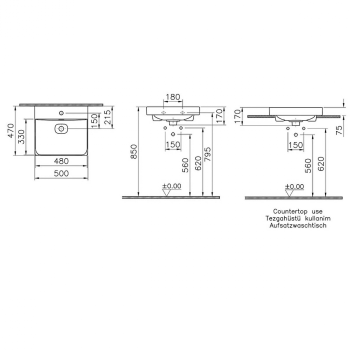 Lavoar / chiuveta baie standard, 50cm cu orificiul pentru baterie si preaplin, pe blat | 7525B003-0973 [2]