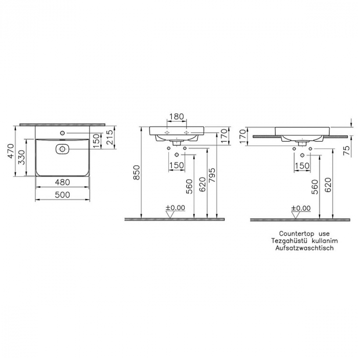 Lavoar / chiuveta baie standard, 50cm cu orificiul pentru baterie si preaplin, pe blat | 7525B020-0973 [2]
