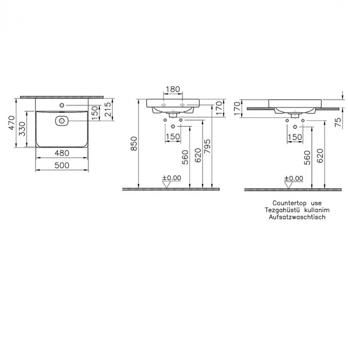 Lavoar / chiuveta baie standard, 50cm cu orificiul pentru baterie si preaplin, pe blat | 7525B076-0973 [2]