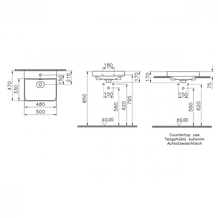 Lavoar / chiuveta baie standard, 50cm cu orificiul pentru baterie si preaplin, pe blat | 7525B083-0973 [2]