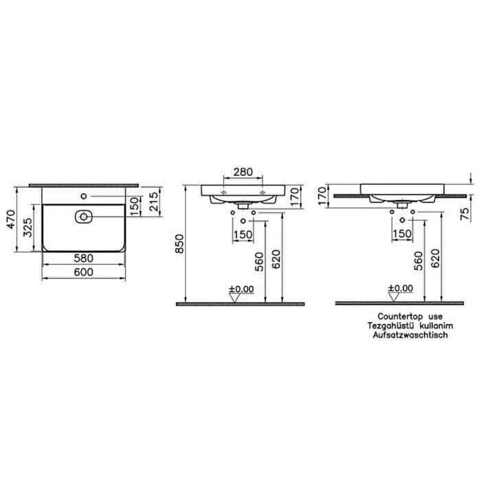 Lavoar / chiuveta baie standard 60cm cu orificiu pentru baterie, fara orificiul preaplin, pe blat | 7526B020-0937 [2]