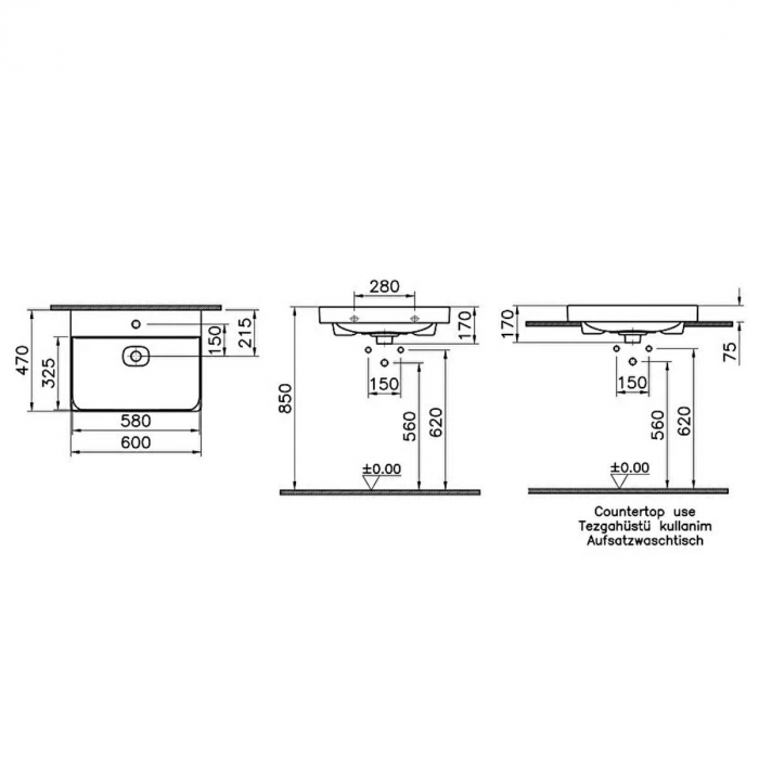 Lavoar / chiuveta baie standard 60cm cu orificiu pentru baterie, fara orificiul preaplin, pe blat | 7526B083-0937 [2]