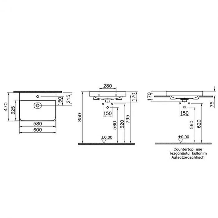 Lavoar / chiuveta baie standard 60cm cu orificiul pentru baterie si preaplin | 7526B001-0001 [2]