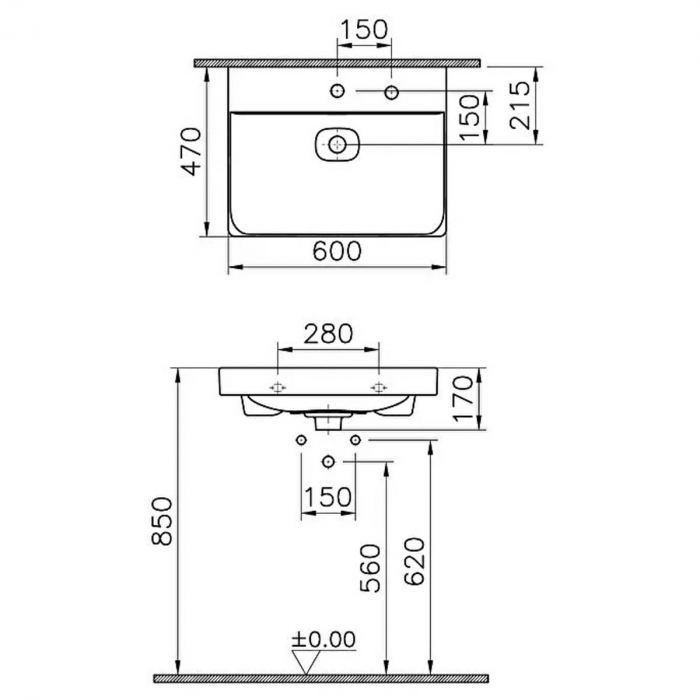 Lavoar / chiuveta baie standard 60cm cu orificiul pentru baterie si preaplin, cu orificiu pentru dozator sapun lichid | 7526B003-1514 [2]