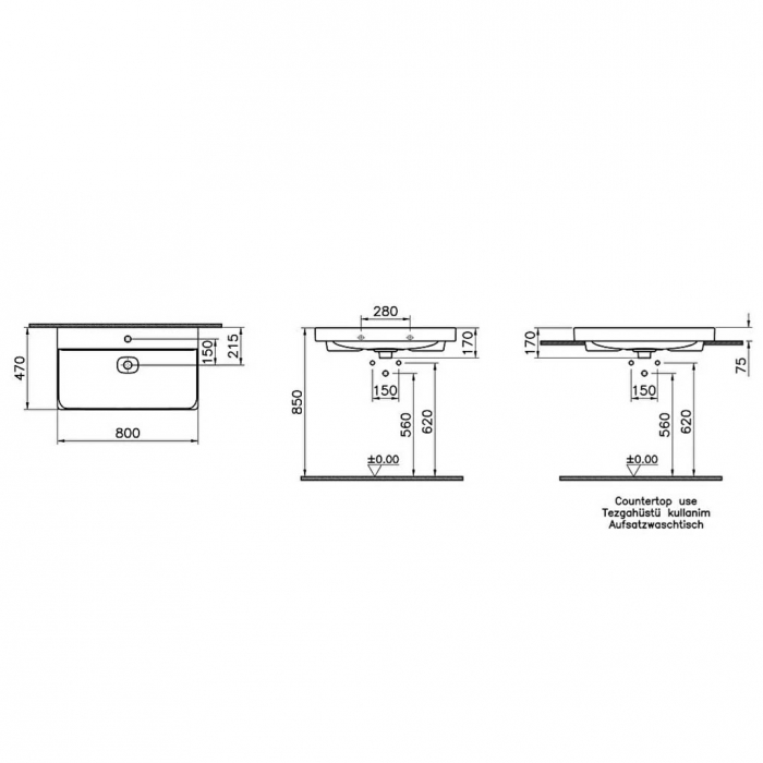 Lavoar / chiuveta baie standard 80cm cu orificiu pentru baterie, fara orificiul preaplin | 7527B076-0041 [2]