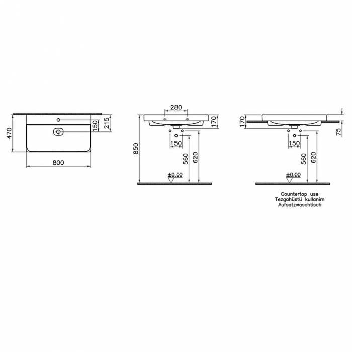 Lavoar / chiuveta baie standard 80cm cu orificiu pentru baterie, fara orificiul preaplin | 7527B083-0041 [2]