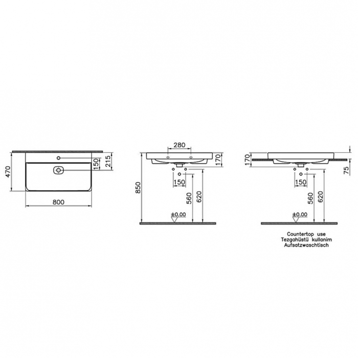 Lavoar / chiuveta baie standard 80cm cu orificiu pentru baterie, fara orificiul preaplin, pe blat | 7527B003-0937 [2]