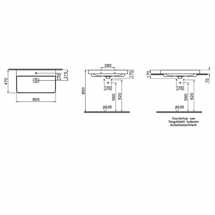 Lavoar / chiuveta baie standard 80cm cu orificiu pentru baterie, fara orificiul preaplin, pe blat | 7527B083-0937 [2]