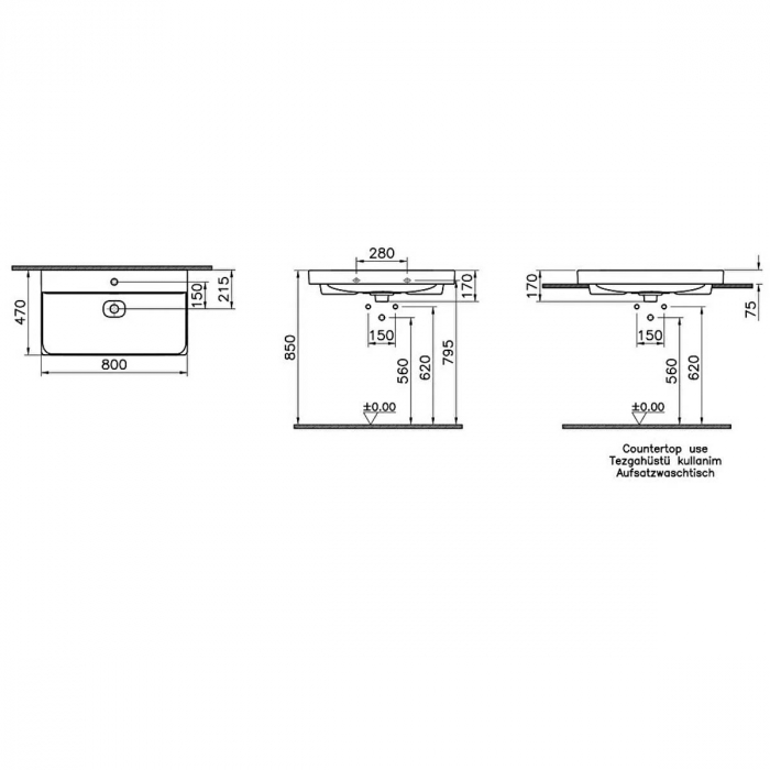 Lavoar / chiuveta baie standard 80cm cu orificiul pentru baterie si preaplin | 7527B020-0001 [2]