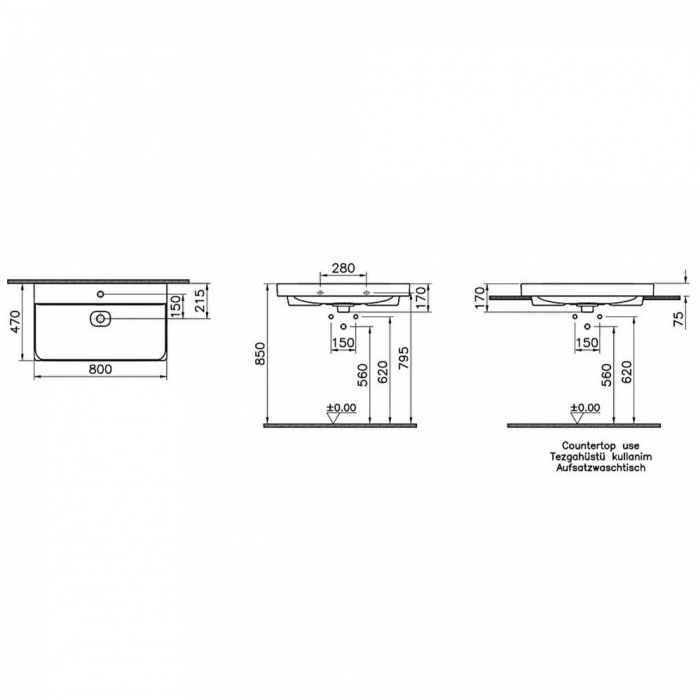 Lavoar / chiuveta baie standard 80cm cu orificiul pentru baterie si preaplin | 7527B083-0001 [2]