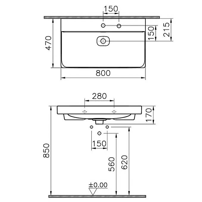 Lavoar / chiuveta baie standard 80cm cu orificiul pentru baterie si preaplin, cu orificiu pentru dozator sapun lichid | 7527B003-1514 [2]