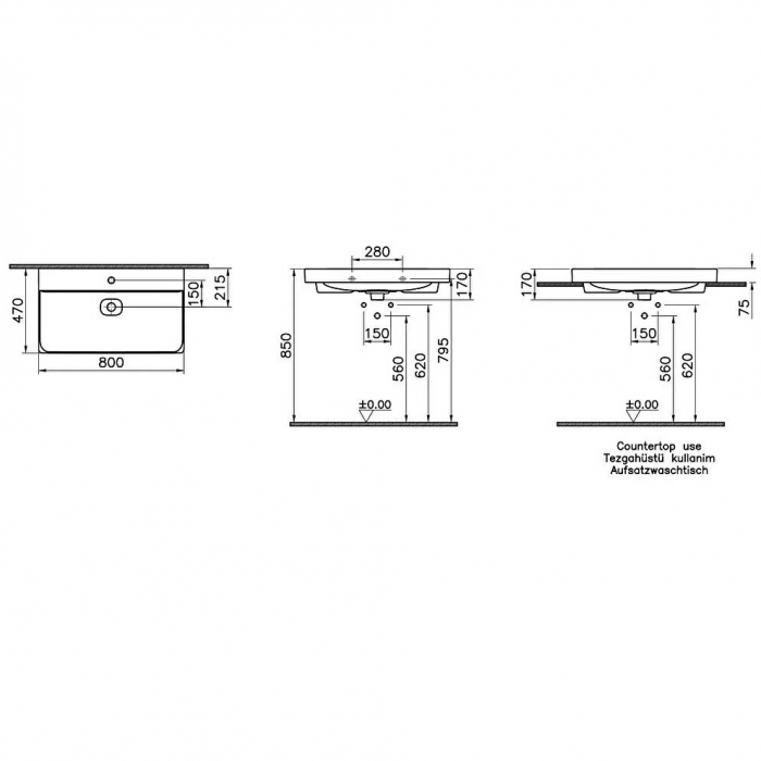 Lavoar / chiuveta baie standard 80cm cu orificiul pentru baterie si preaplin, pe blat | 7527B001-0973 [2]