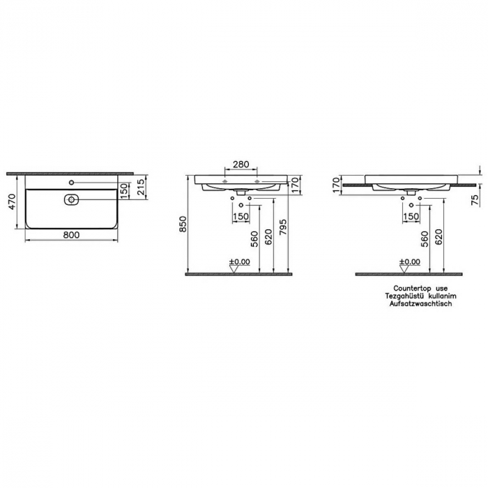 Lavoar / chiuveta baie standard 80cm cu orificiul pentru baterie si preaplin, pe blat | 7527B020-0973 [2]