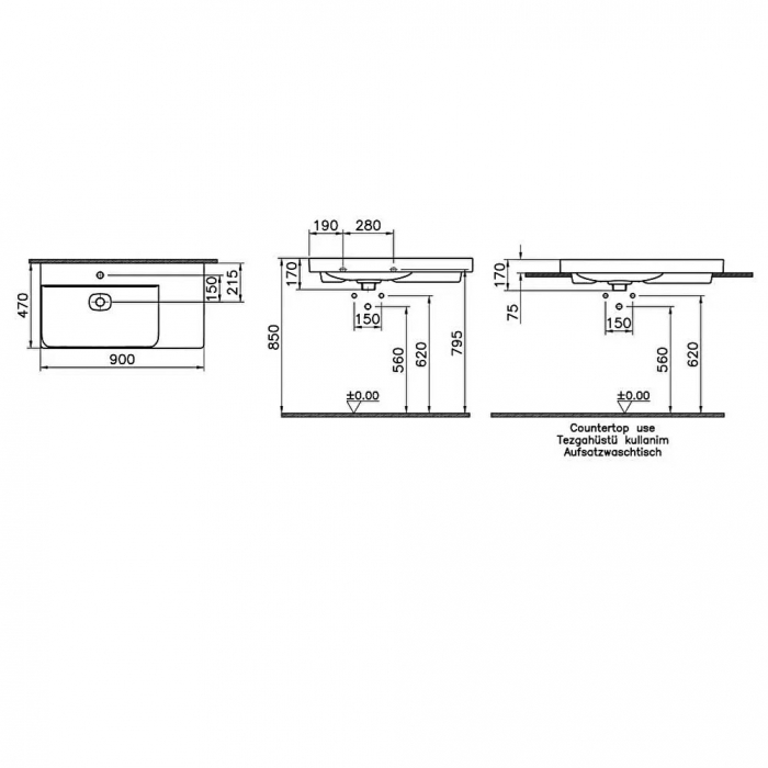 Lavoar / chiuveta baie standard, 90cm cu orificiu pentru baterie, fara orificiul preaplin, pe blat | 7528B020-0937 [2]