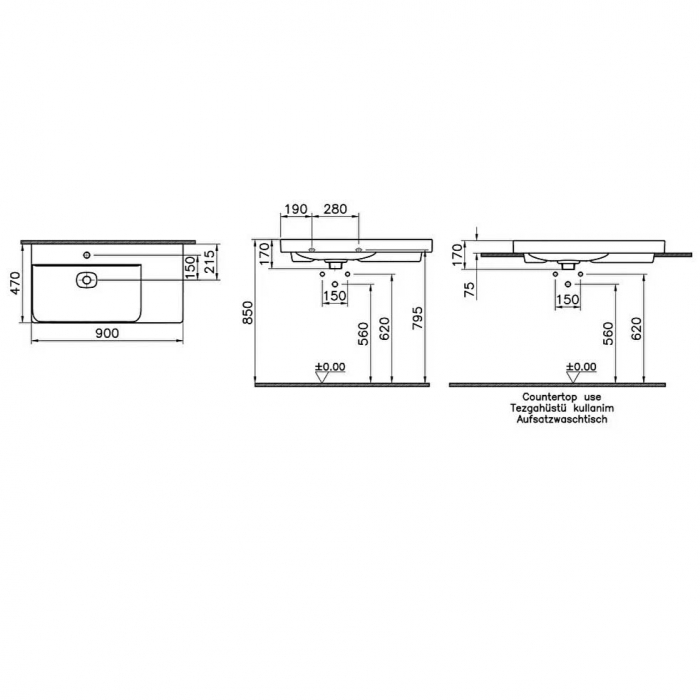 Lavoar / chiuveta baie standard, 90cm cu orificiul pentru baterie si preaplin, pe blat | 7528B076-0973 [2]