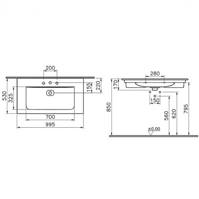 Lavoar / chiuveta baie tip vanity 100cm, cu 3 orificii pentru baterie, cu orificiul preaplin | 7539B003-0033 [2]