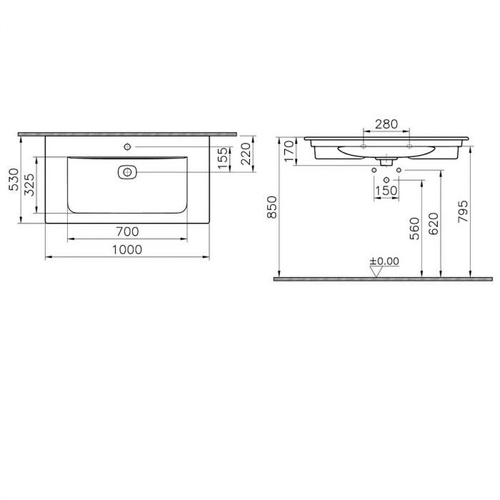 Lavoar / chiuveta baie tip vanity 100cm cu orificiul pentru baterie si preaplin | 7539B020-0001 [2]