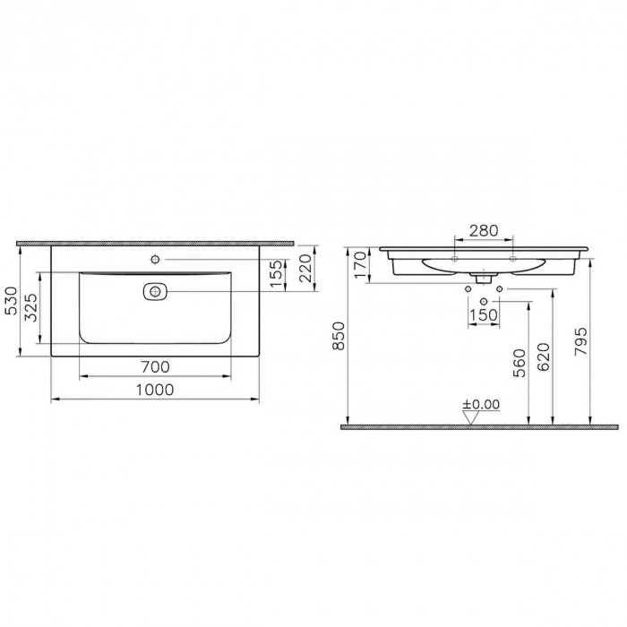Lavoar / chiuveta baie tip vanity 100cm cu orificiul pentru baterie si preaplin | 7539B083-0001 [2]