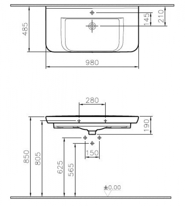Lavoar / chiuveta baie tip vanity 100cm, cu orificiul pentru baterie si preaplin, alb | 5948B003-0001 [2]