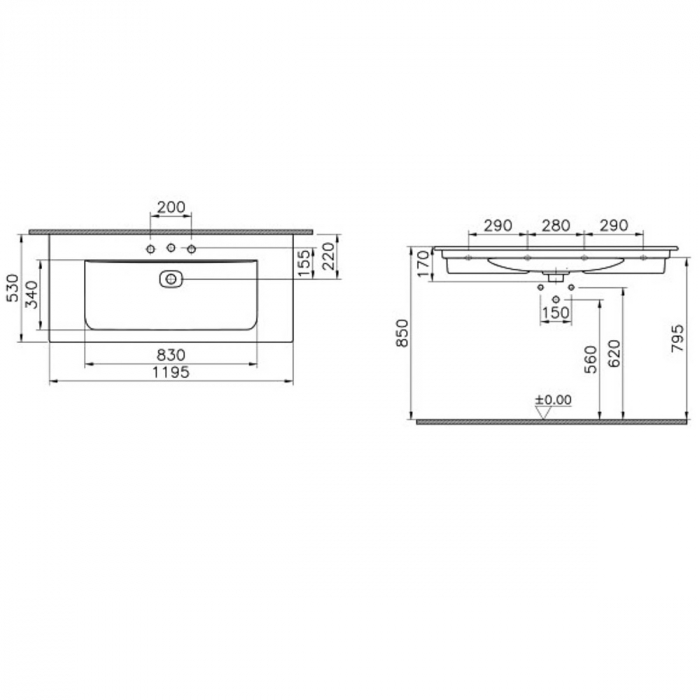 Lavoar / chiuveta baie tip vanity 120 cm cu 3 tap hole, cu orificiul preaplin | 7540B003-0033 [2]