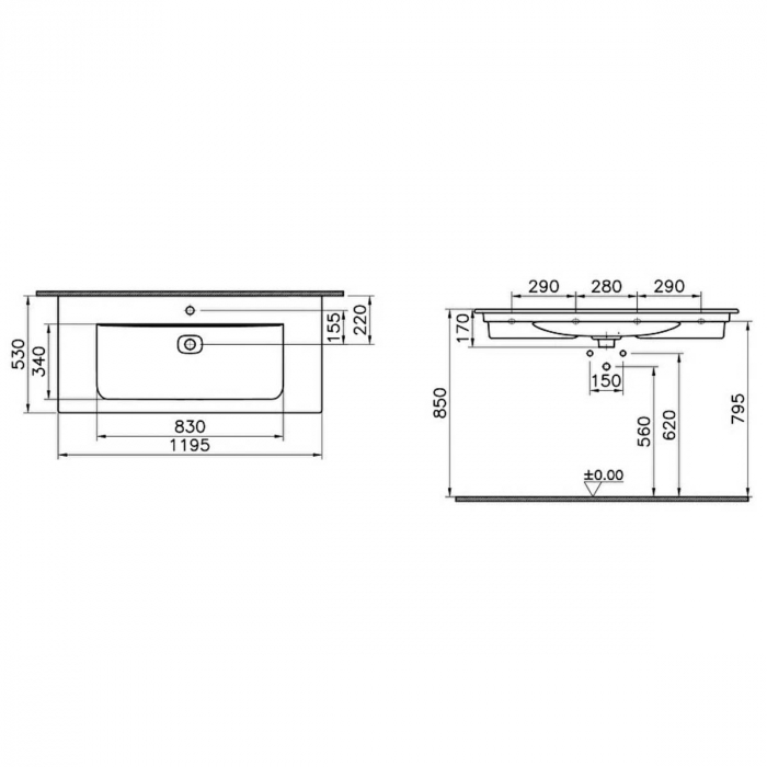 Lavoar / chiuveta baie tip vanity 120 cm cu orificiul pentru baterie si preaplin | 7540B001-0001 [2]