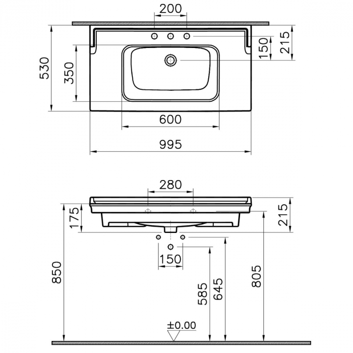 Lavoar / chiuveta baie tip vanity, 3 orificii pentru baterie, orificiu preaplin 100cm | 7803B003-0033 [2]
