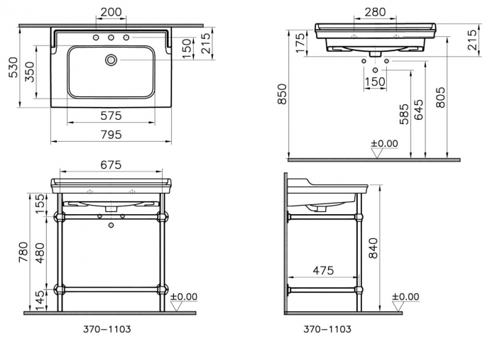 Lavoar / chiuveta baie tip vanity, 3 orificii pentru baterie, orificiu preaplin 80cm, cu picioare metalice | 7802B003-6174 [2]