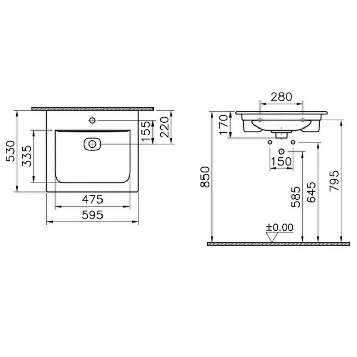 Lavoar / chiuveta baie tip vanity 60cm cu orificiu pentru dozator sapun lichid pentru baterie si preaplin | 7537B003-1514 [2]