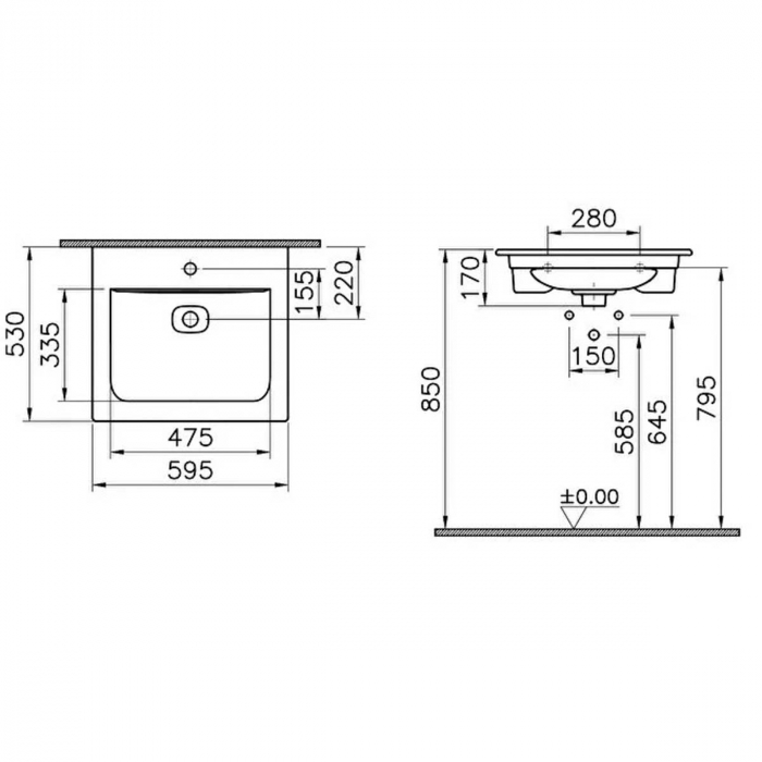 Lavoar / chiuveta baie tip vanity 60cm cu orificiul pentru baterie si preaplin |C [2]
