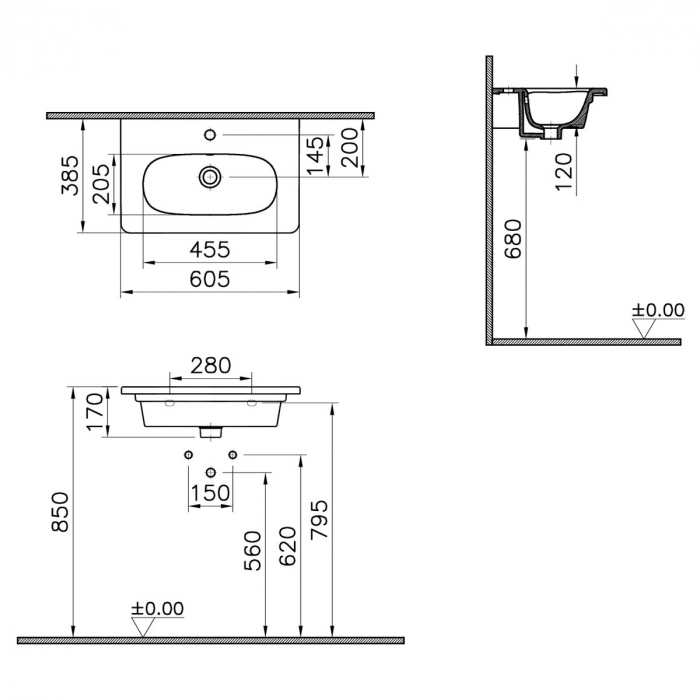Lavoar / chiuveta baie tip vanity 60cm, proiectie scurta cu orificiul pentru baterie si preaplin | 7790B003-0001 [2]